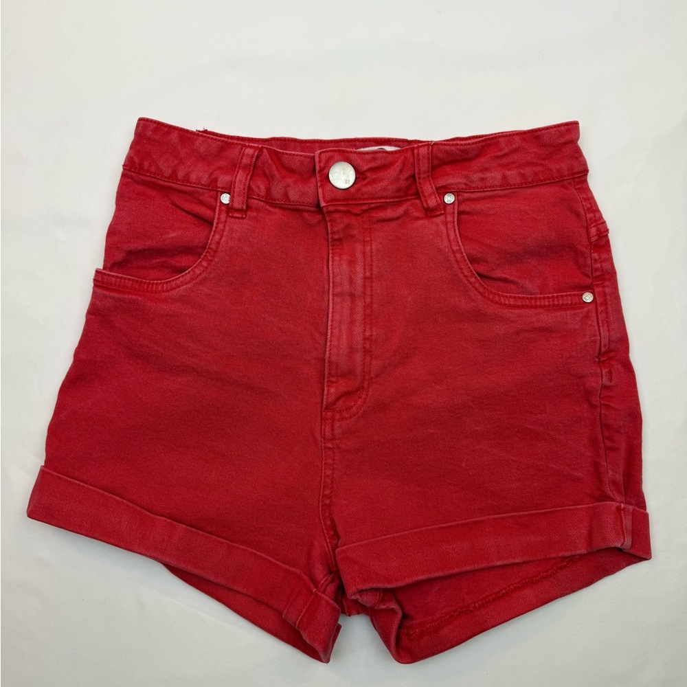 Cotton On‎ Red High Waisted Denim Shorts Cuffed Stretch Size 6 Festival